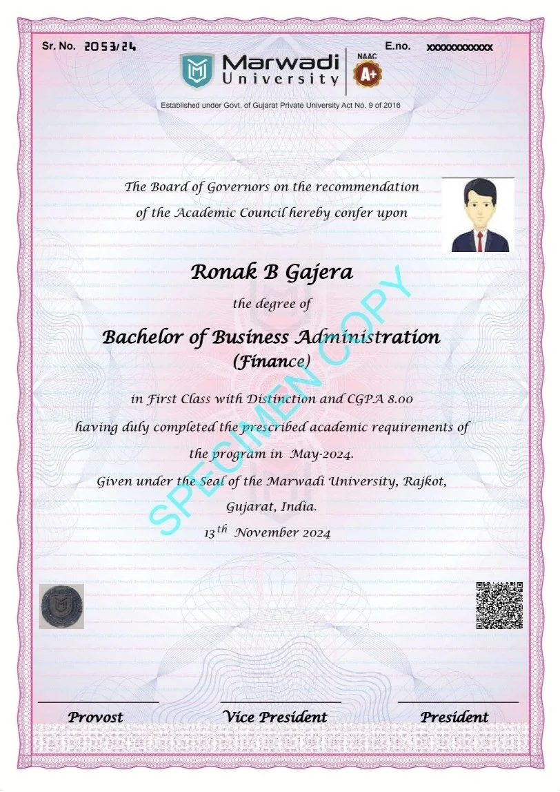 Marwadi University Online sample degree certificate
